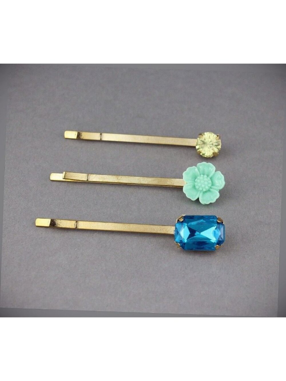 Teal Flower Crystal Gold Bobby Pins Set | Turquoise Hair Accessories for Women